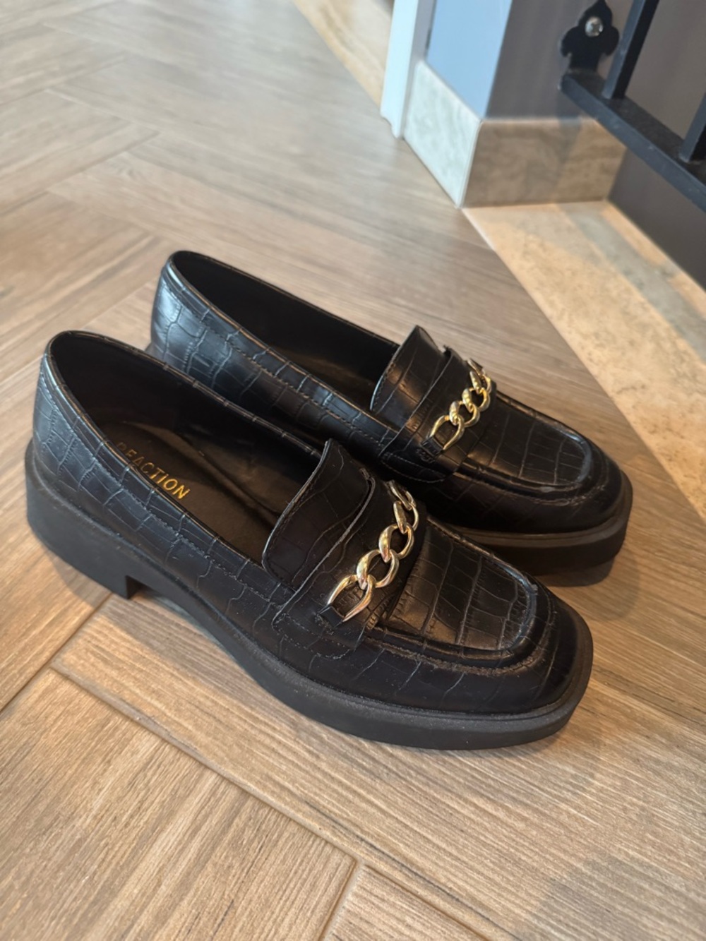 Black Croc-Embossed Chain Loafers for Women